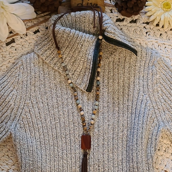 SWEATER GRAY BLACK WITH LEATHER TRIM RIBBED SIZE M - Picture 6 of 16